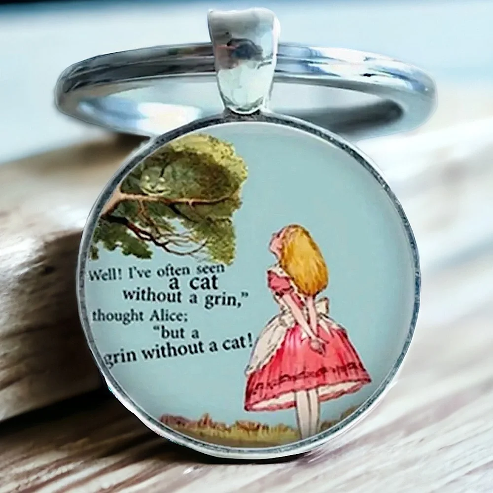 Alice in Wonder Land Keychain Key Holder Round Glass Cabochon Dome Silver Blue